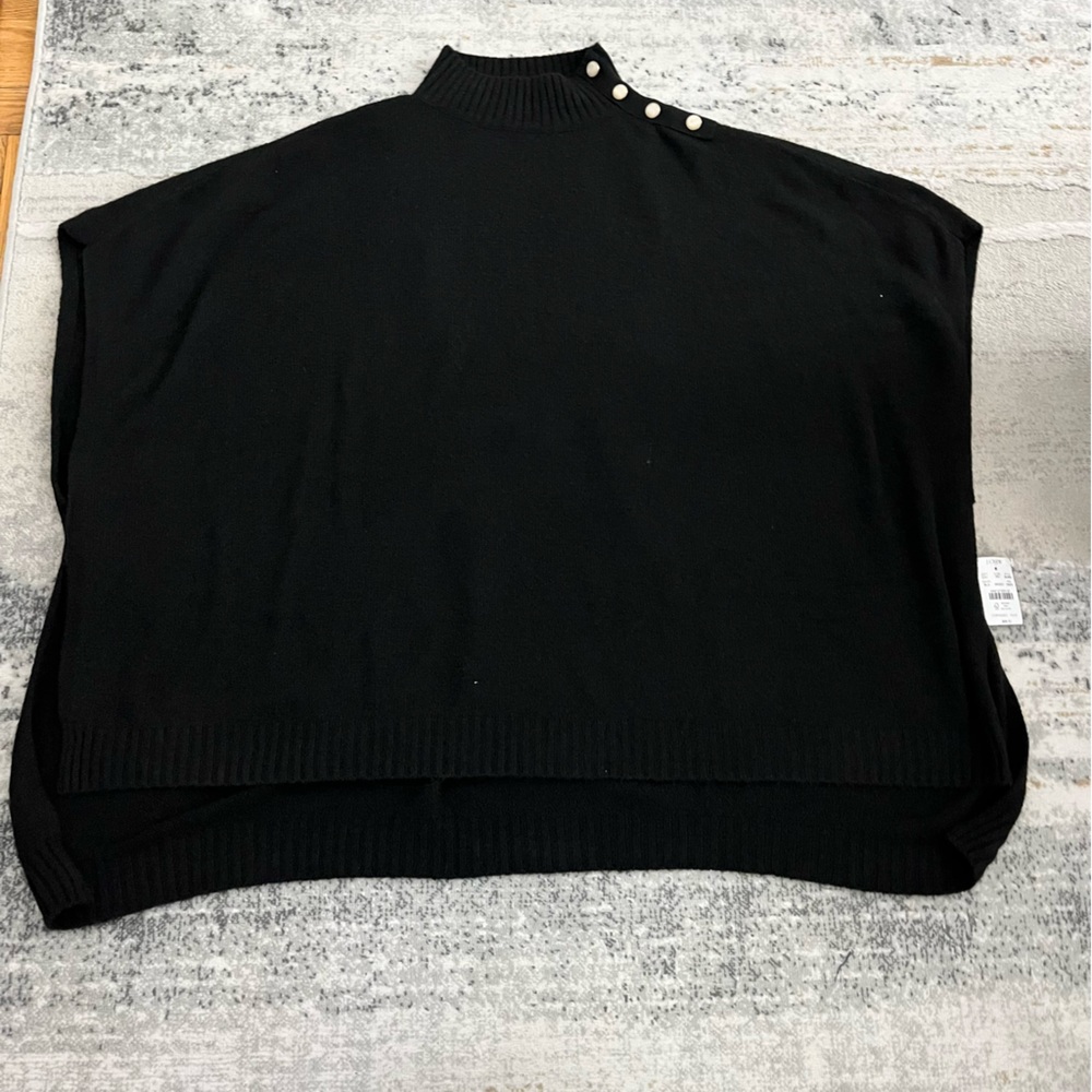 🆕 J.Crew black mockneck with button detail poncho sweater with slit hems - Picture 3 of 12
